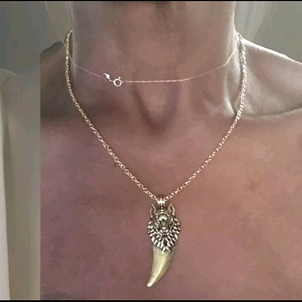 14K Gold Plated Stainless Steel Wolf Head Tooth Pendant Necklace